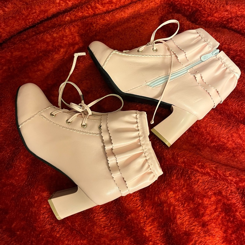 Baby Pink heeled ruffle boots